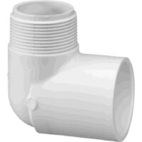 The 90DEG ELL 1-1/2IN MIPTxS is a white PVC 90-degree elbow fitting with 1-1/2 male threads on one end and a smooth socket on the other, designed for plumbing or irrigation systems.