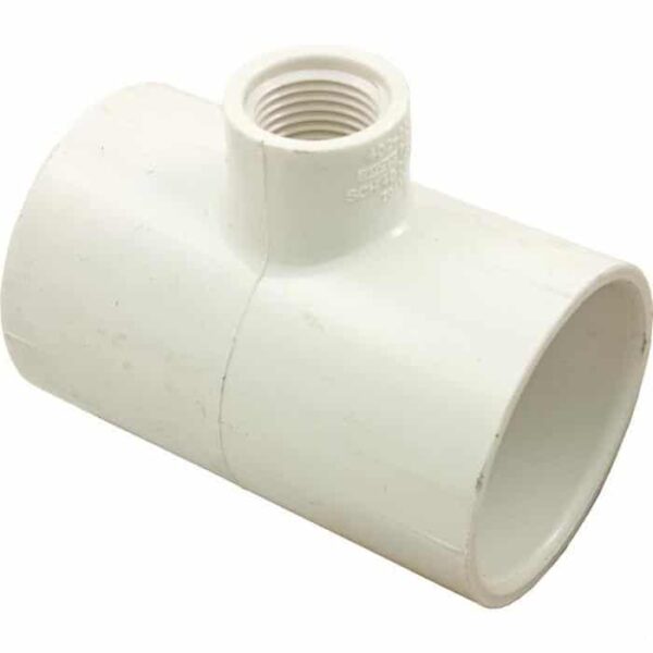 The TEE 1-1/2x1-1/2x1/2IN SxSxFIPT is a white PVC fitting with two 1-1/2 slip openings and one 1/2 female threaded top opening, ideal for plumbing connections.