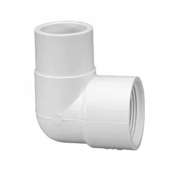 The Elbow, 90° 1-1/2 Spigot x 1-1/2 FPT is a white plastic pipe connector with a 90-degree angle, ideal for joining two pipes in plumbing systems.