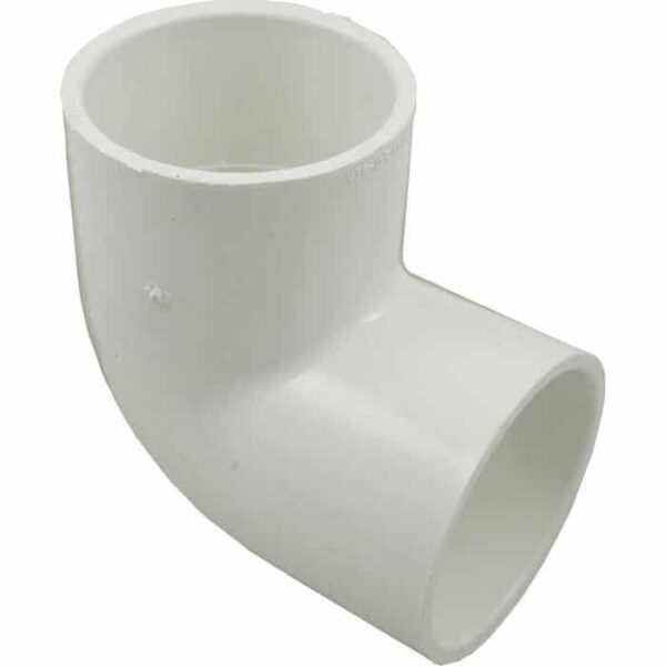 The Elbow, 90° 2 Slip x 2 Slip is a white PVC pipe fitting with a 90-degree angle for connecting two pipes in plumbing or irrigation systems.
