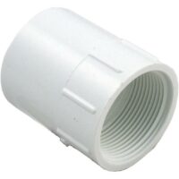 The FEMALE ADAPTER 1-1/2IN is a white plastic PVC fitting with internal threads for joining sections of threaded pipe in plumbing applications.