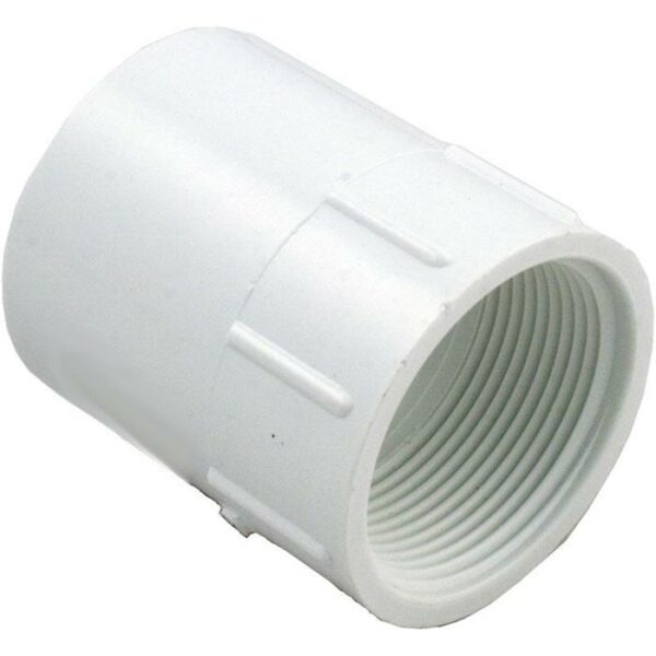 The FEMALE ADAPTER 1-1/2IN is a white plastic PVC fitting with internal threads for joining sections of threaded pipe in plumbing applications.