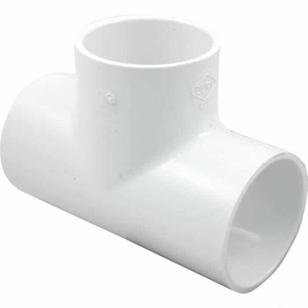 The Tee, 2 Slip x 2 Slip x 2 Slip is a white PVC pipe fitting in a T-shape for connecting three 2-inch pipes at right angles in plumbing or irrigation systems.