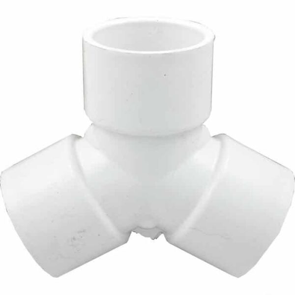 The Wye, 1-1/2 Slip x 1-1/2 Slip x 1-1/2 Slip is a white PVC fitting with three openings in a Y-shape, enabling pipes to join at 120-degree angles.