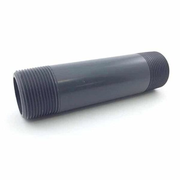 A 6 long black plastic nipple (SCH 80) with 1-1/2 male pipe threads on both ends, shown against a white background.