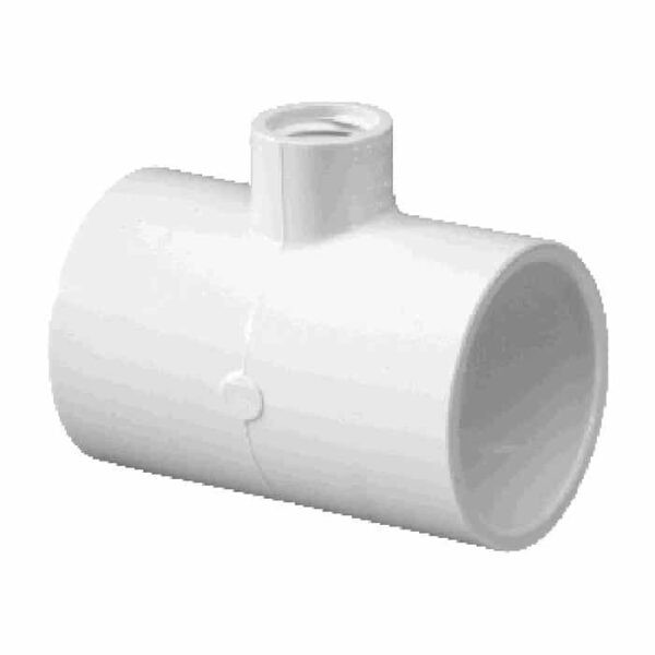 The Tee, 1-1/2 Slip x 1-1/2 Slip x 3/4 FPT is a white PVC T-fitting with two 1-1/2 slip connections and one 3/4 female threaded port perpendicular to the main pipe for easy plumbing component attachment.