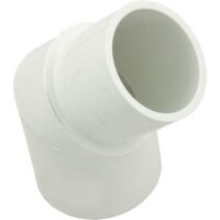 The 45 Elbow-2IN spg x 2IN s is a white PVC pipe fitting with an angled bend, designed to connect two pipes at a 45-degree angle in plumbing systems.