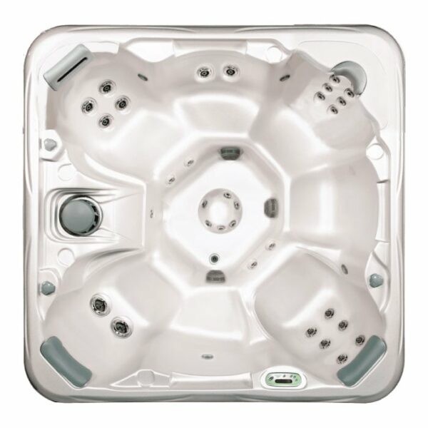Top-down view of the 737B hot tub in Silver Marble Shell with Java Cabinet, featuring five contoured seats, multiple water jets, a central footwell, gray headrests, and a control panel in one corner.