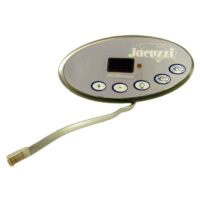 TOP SIDE 2 PUMP LED JAC 2002: Oval control panel with digital display, plus/minus/light buttons, two icon buttons, and RJ45 cable.