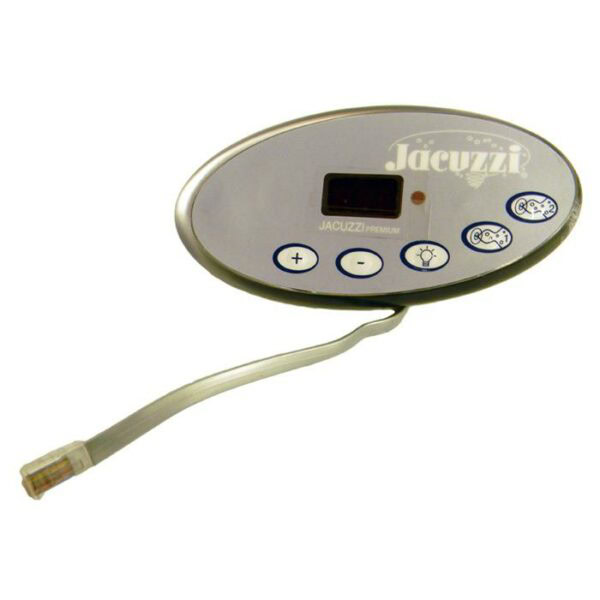 TOP SIDE 2 PUMP LED JAC 2002: Oval control panel with digital display, plus/minus/light buttons, two icon buttons, and RJ45 cable.