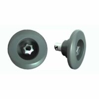 Two grey, circular PowerPro LX Jet Face fasteners with star-shaped centers—one shown front view, one side view—against a white background.