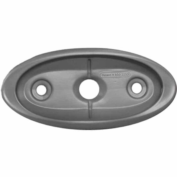 The Pillow: Jacuzzi Oval is an oval-shaped gray metal plate with three holes—one large central hole and two smaller side holes. It has raised edges and a patent number inscribed near one of the smaller holes.