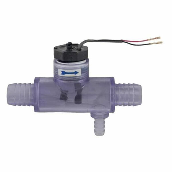 The Sundance Flow Switch with Clear Fitting features hose barbs on both ends, a side outlet, a black top cap with two exposed wires, and an arrow indicating flow direction. The fitting is translucent for easy monitoring.
