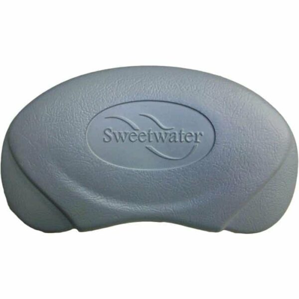 A gray, oval Sweetwater Pillow (Ball and Socket, 2000-2002) features a textured surface with Sweetwater embossed in the center and two wavy lines above the text.