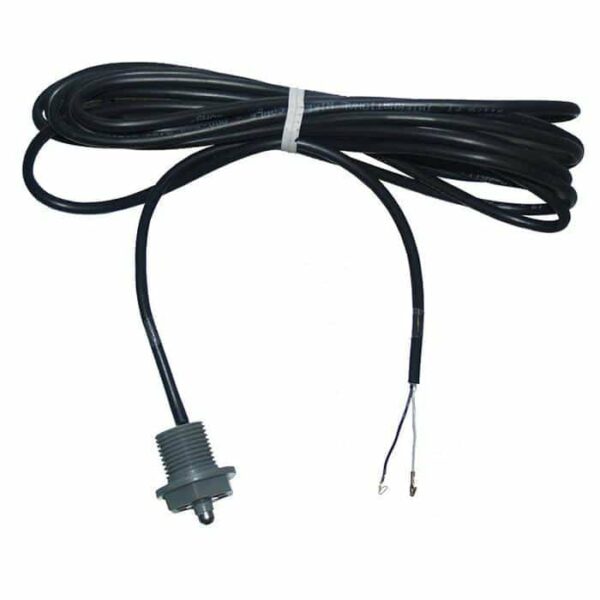 The Sundance Spas Temp Sensor (6600-166) is a long black cable with a threaded gray cylindrical sensor on one end and exposed black and white wires on the other, coiled neatly with a white twist tie.