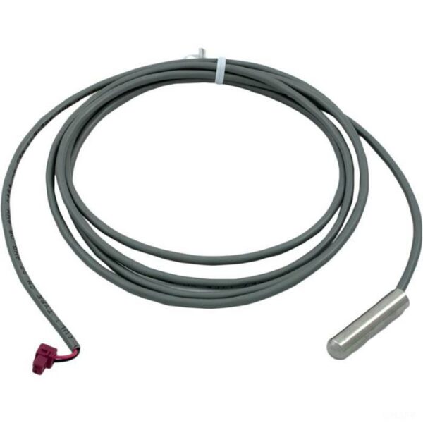 The TEMP SENSOR WATER 97 PACK includes a coiled gray cable with a cylindrical metal sensor on one end and a red plastic connector on the other, designed for easy storage or installation.
