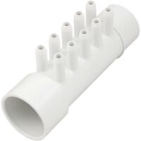 The BARB MANIFOLD 1.5INx3/8IN is a white PVC plastic manifold with one large 1.5 inlet and eight 3/8 outlet tubes arranged in a row along the top.