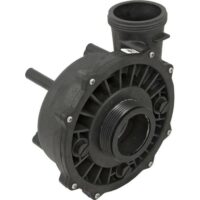 The WET END 2HP EXEC 2IN 48FRM is a black, round plastic pump housing with a threaded central opening, multiple edge bolts, two side nozzles, and a top pipe outlet, shown against a white background.
