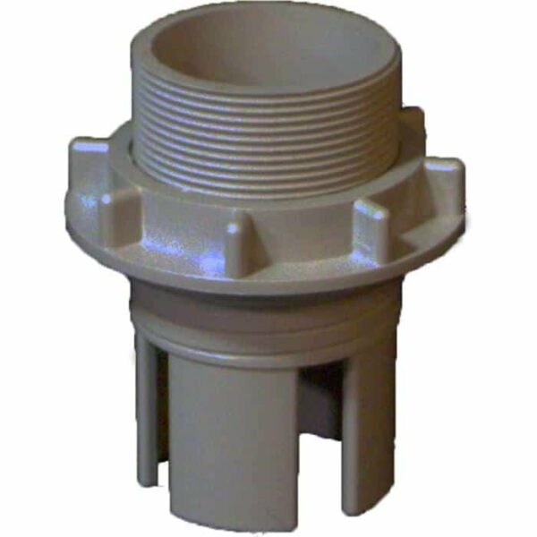 A grey 2 Filter Pipe Suction Fitting with Jam Nut, plastic and threaded, has a wide ridged base and an open bottom split into several vertical segments.