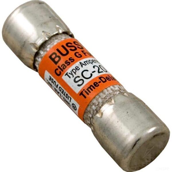 A cylindrical metal Time Delay Fuse 125V 20A (SC-20) with an orange and white label; both ends are silver, and a braided element is visible at the center.