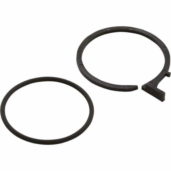 Two black Snap Ring with O-Ring, King Tech Feeder—one fully closed, the other open with a small tab—lie flat on a white background.