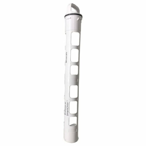 The Cartridge Holder Spa Frog is a tall, cylindrical white plastic tube with evenly spaced rectangular cutouts along its length and a solid cap on top.