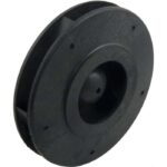 A black, round plastic Impeller, 3/4 HP Hayward (SPX1500L) with a central raised section and several small holes around its edge, shown at an angle against a white background.