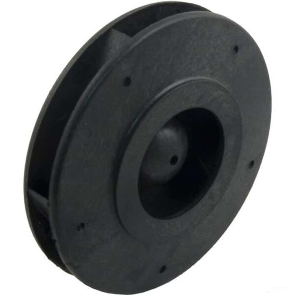 A black, round plastic Impeller, 3/4 HP Hayward (SPX1500L) with a central raised section and several small holes around its edge, shown at an angle against a white background.