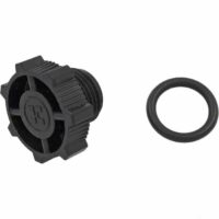 A Hayward Star-Clear 1/2 Drain Plug (CX250Z14) in black plastic with a textured grip and logo, displayed beside a separate black rubber O-ring gasket on a white background.