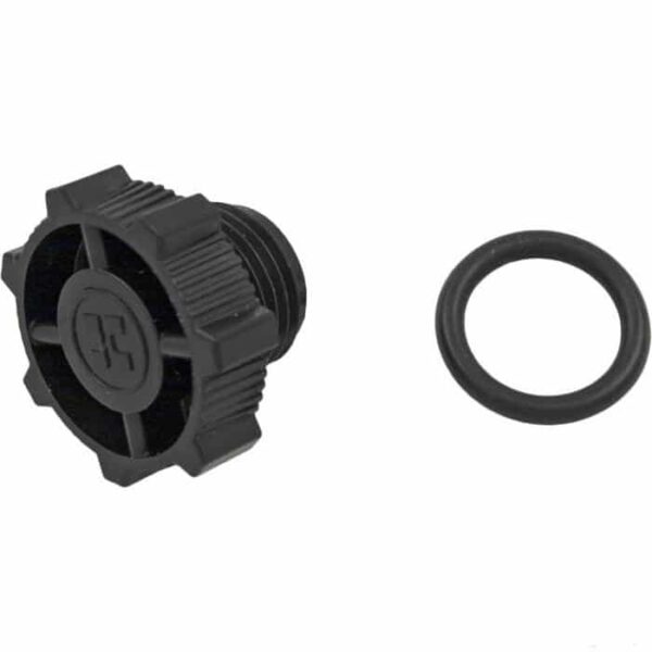 A Hayward Star-Clear 1/2 Drain Plug (CX250Z14) in black plastic with a textured grip and logo, displayed beside a separate black rubber O-ring gasket on a white background.
