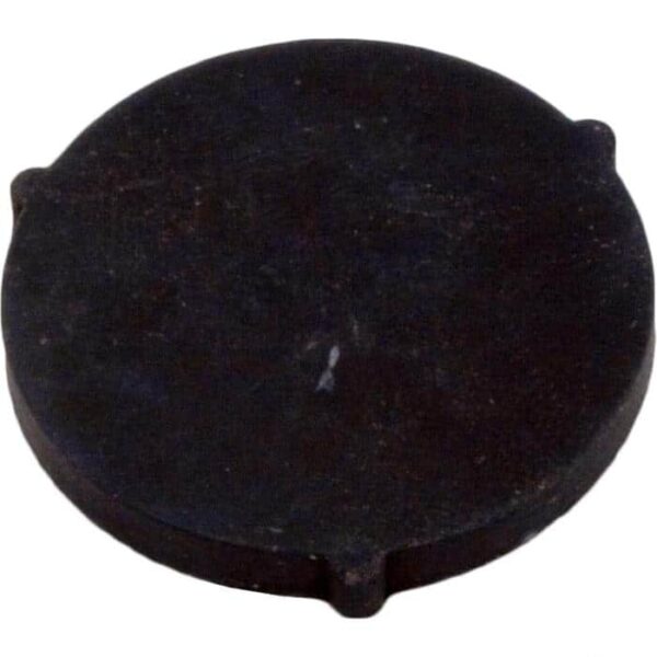 The DRAIN CAP GASKET SX180G NLA(13 is a round, flat, black component featuring a smooth surface and three evenly spaced notches along its edge.