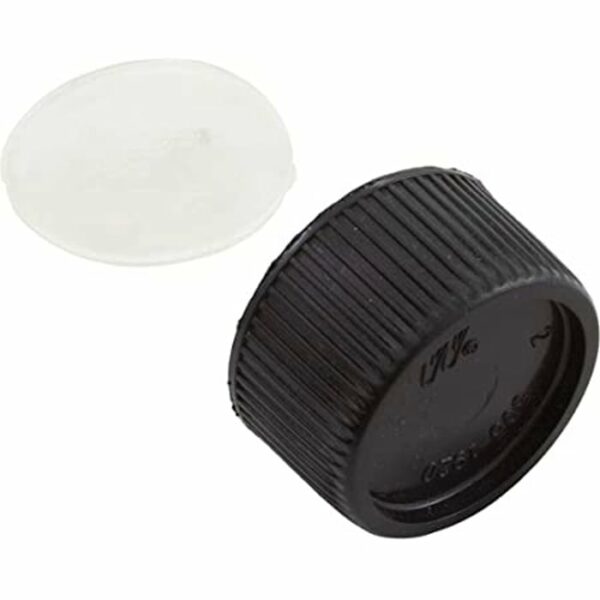 A Drain Cap Kit (SX180HG) featuring a black ribbed plastic screw cap and a white inner liner, set on a plain white background.