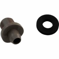 A Saddle Fitting for CL 200 Series Feeder in gray plastic with a threaded nozzle opening is displayed next to a separate black rubber washer, both set on a white background.