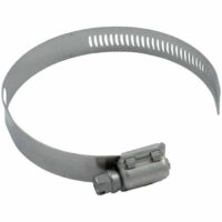 The Saddle Clamp for CL 200 Series Feeder is a metal clamp with a screw mechanism and slotted band, designed to securely attach hoses to fittings.