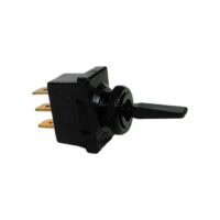 A Two-Speed Toggle Switch (Center Off) with a black flat lever and three brass terminals is pictured at an angle on a white background.