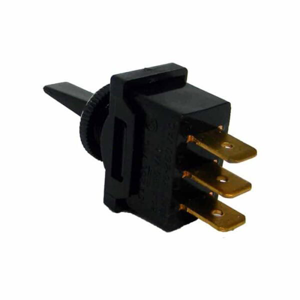 The Two-Speed Toggle Switch (Center Off) is black and rectangular with three brass terminals on one side and a ridged, protruding actuator for easy operation, designed for reliable electrical connections.