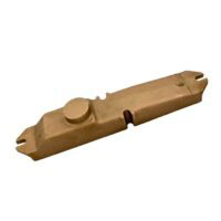 The RETURN HEADER MINIMAX is a bronze rectangular metal casting featuring ridges, a raised circular detail, and two slotted ends, designed as a component for machinery or heavy equipment.