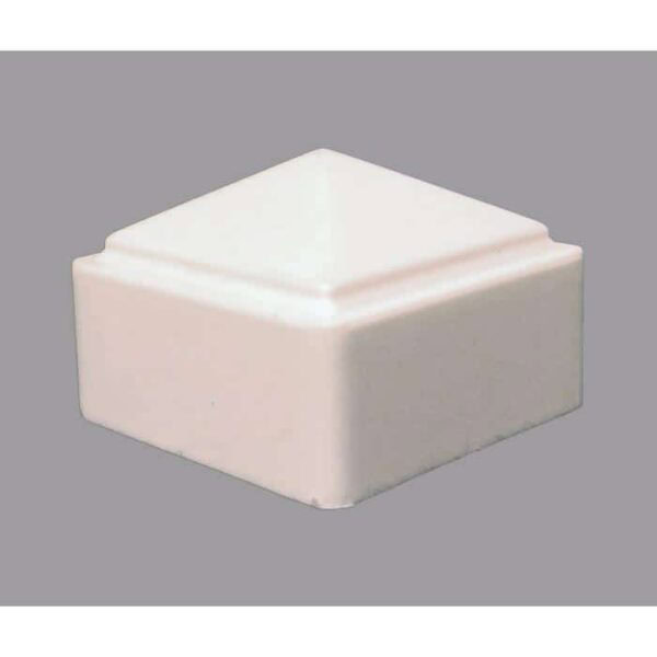 A white, square VinylWorks Resin Fence Cap with a pyramid top is displayed against a plain gray background.