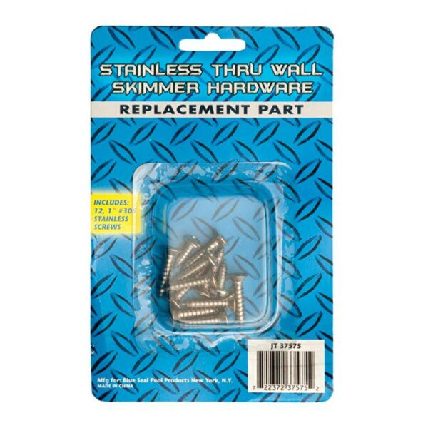 A Stainless Steel Skimmer Hardware Kit - Standard, featuring several stainless steel screws, is displayed on a blue diamond-patterned backing card.