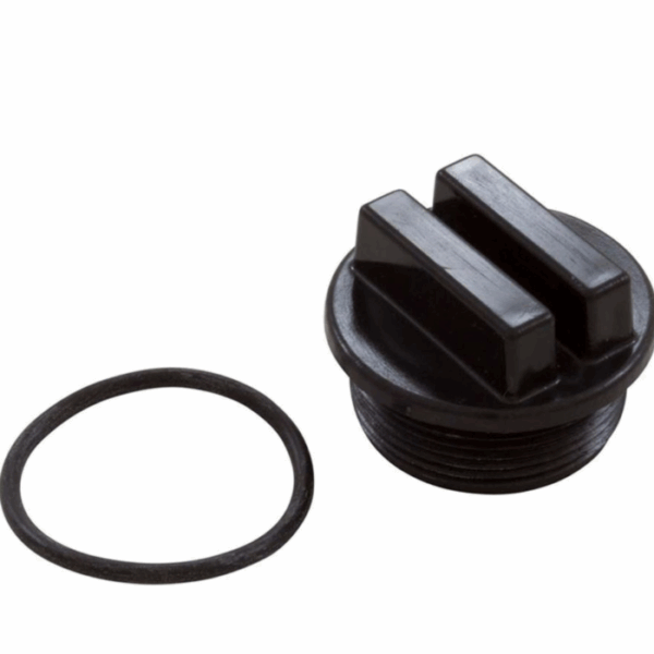 The Universal Drain Plug Waterway, featuring a black plastic threaded cap with two rectangular ridges, is displayed alongside a matching circular rubber O-ring gasket on a white background.
