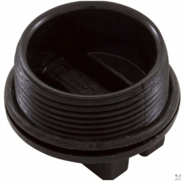 A close-up of the Universal Drain Plug Waterway shows its black, threaded plastic cap with ridged edges and a smooth, round opening at the top.