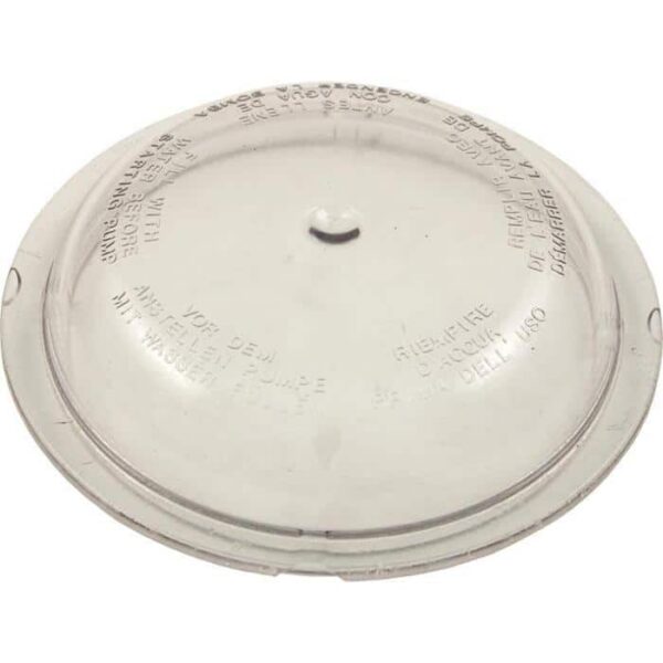 The Cover, Hair and Lint L-Pump (39-0753-10R) is a clear plastic, round lid with embossed text, featuring a slightly raised center and small central indentation, shown from above on a white background.