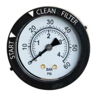 The Pressure Gauge, Rear Mount features a round white face with black markings and bezel, displays 0–50 PSI, and labels “START” near 0, “CLEAN” at 20, and “FILTER” at 40. The needle points to 8 PSI.