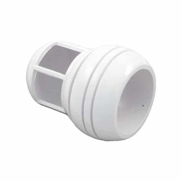 The Kreepy Krauly Eyeball Diverter is a white plastic cylindrical filter with mesh panels and a solid rounded end, commonly used as a strainer or protector in plumbing or fluid systems.