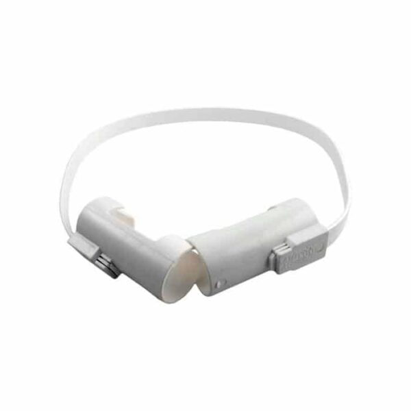 The Kreepy Krauly Ladder Guard, a white plastic device with a curved center and adjustable strap, is displayed on a plain white background.