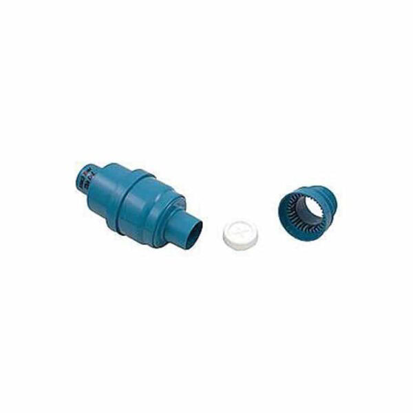 A Kreepy Krauly Regulator Valve shown disassembled on a white background, featuring the main blue plastic valve body, a white circular filter disk, and a blue cylindrical end cap.