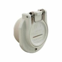 The Kreepy Krauly Snap Lock Wall Fitting is a white, round plastic fitting with a hinged flap and embossed UP 1 and NSF, designed for use in swimming pool plumbing systems.