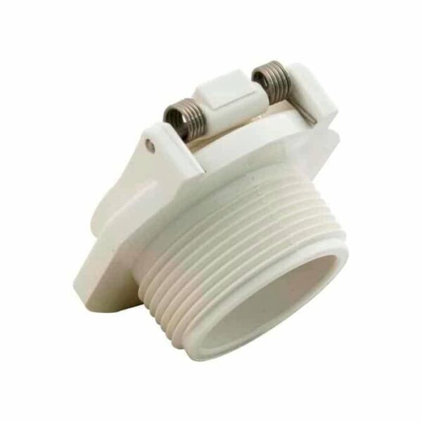 The Kreepy Krauly Snap Lock Wall Fitting is a white plastic threaded connector with a hinged cap and two metal springs, displayed on a plain white background.