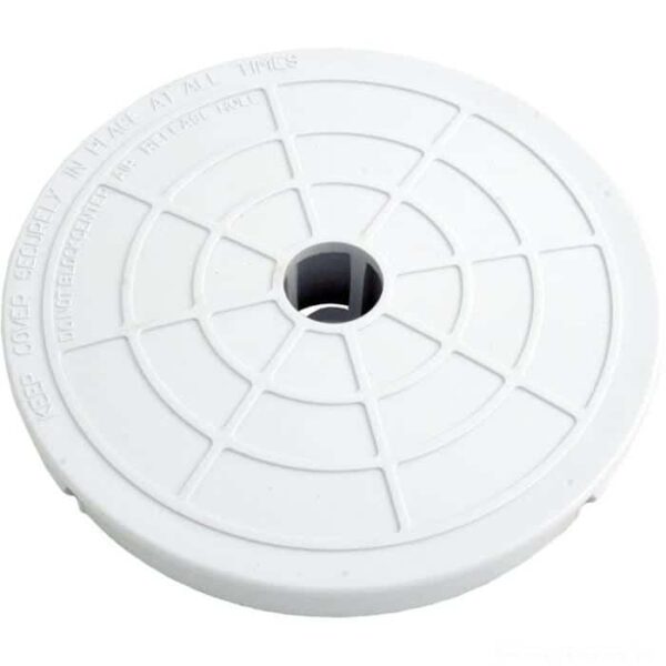 The Skimmer Lid (SPX1094C) is a white, circular plastic cover featuring a grid pattern and central hole, designed for use with pool skimmers.