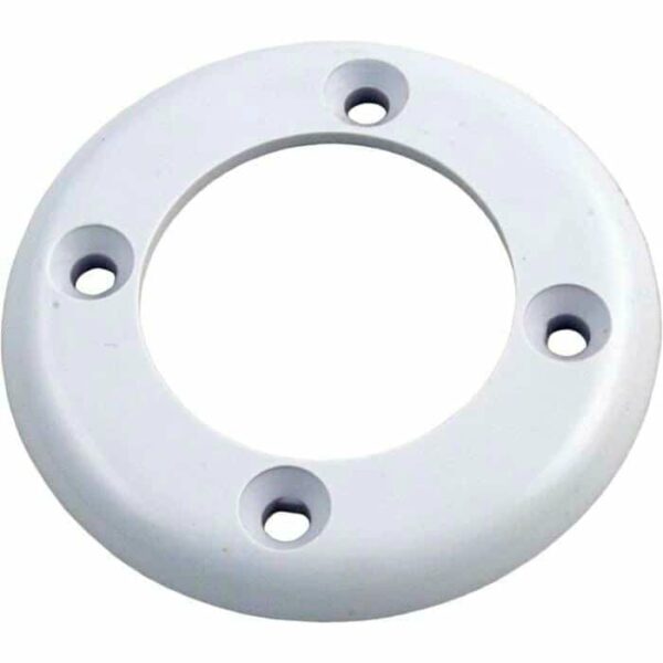 The Return Inlet Faceplate (SPX1408B) is a round, white plastic flange with a central hole, four evenly spaced screw holes, and a smooth surface thats slightly raised at the edges.